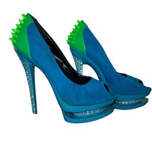Liliana Blue and Green Peep-Toe Platform Heels size 7.5